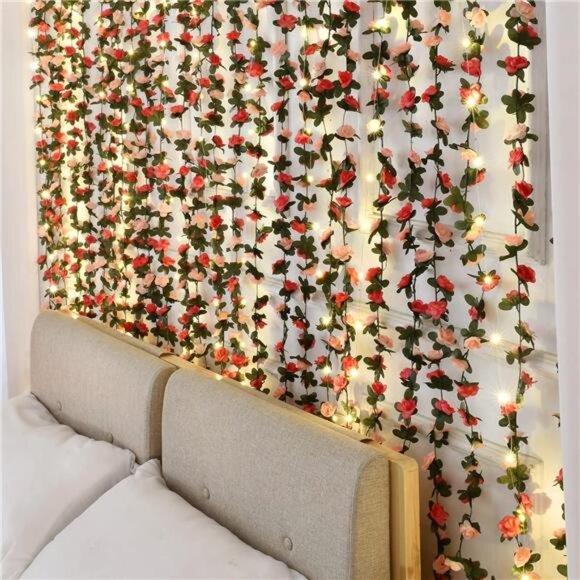 Flower Garland with LED Lights Rose Vine 16.5Ft Wedding Room Party Home Decor - Picture 6 of 7